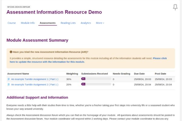 Screen Grab of Assessment Information Response