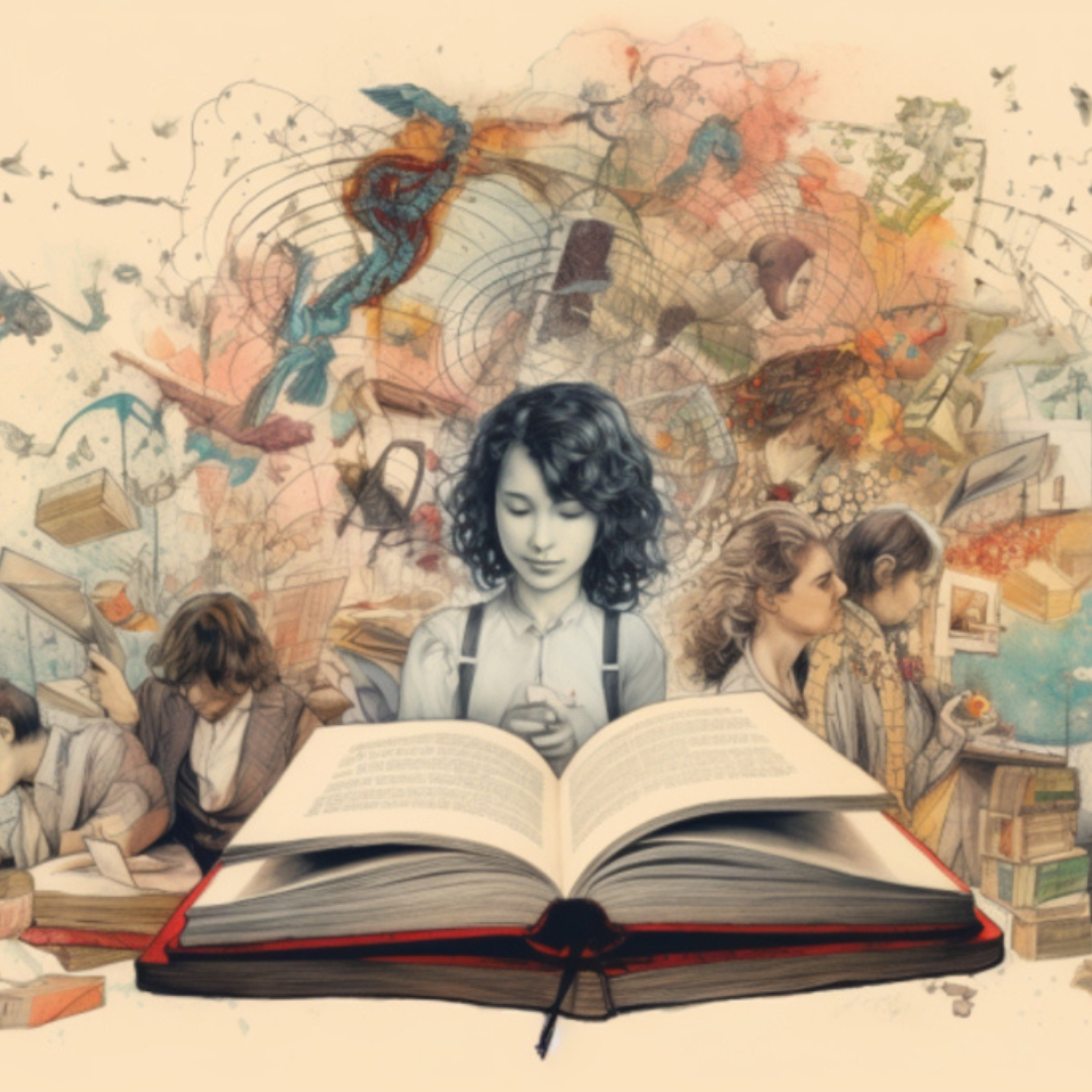 Illustration of a girl looking at a book, with imagination/ideas around her