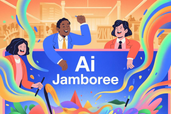 Clipart style image with cartoon characters with the wording AI Jamboree
