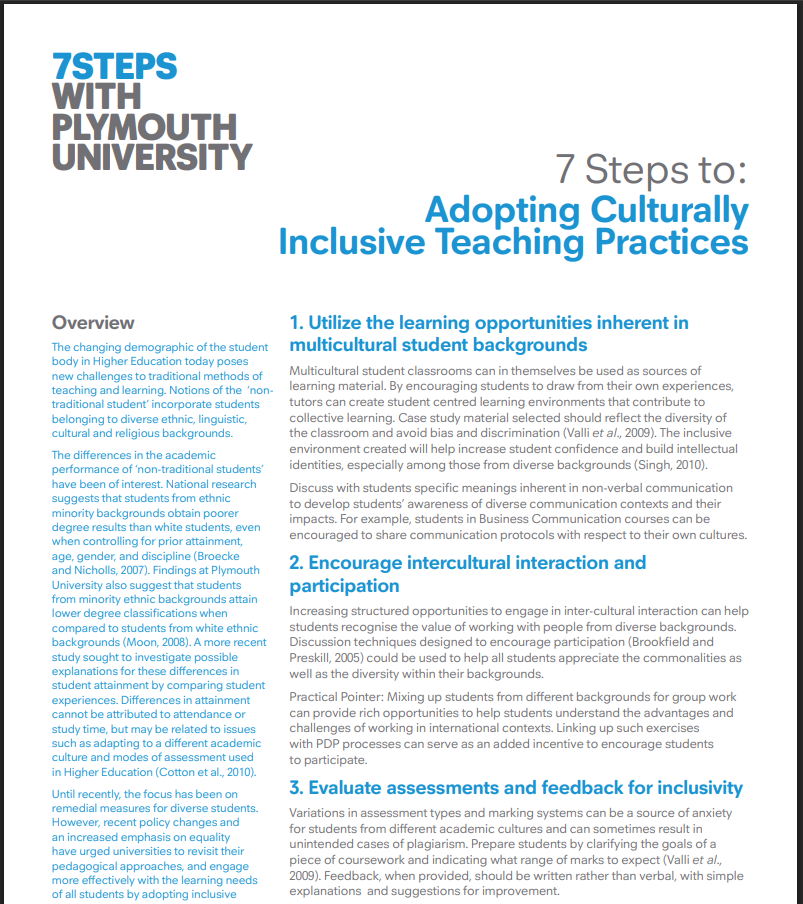 7 Steps to: Adopting Culturally Inclusive Teaching Practices - Plymouth University Screenshot of webpage '7 Steps to: Adopting Culturally Inclusive Teaching Practices' by Plymouth University