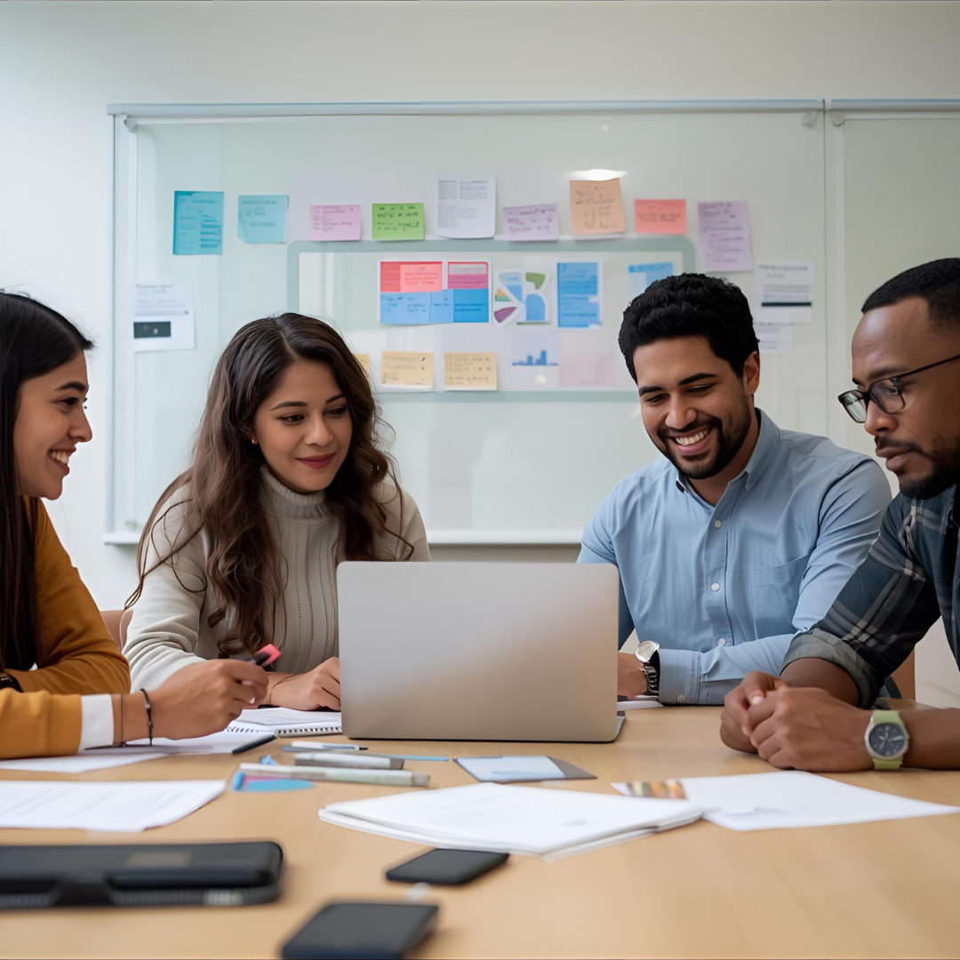 Image of people sat around a table using laptops, tablets, phones etc networking