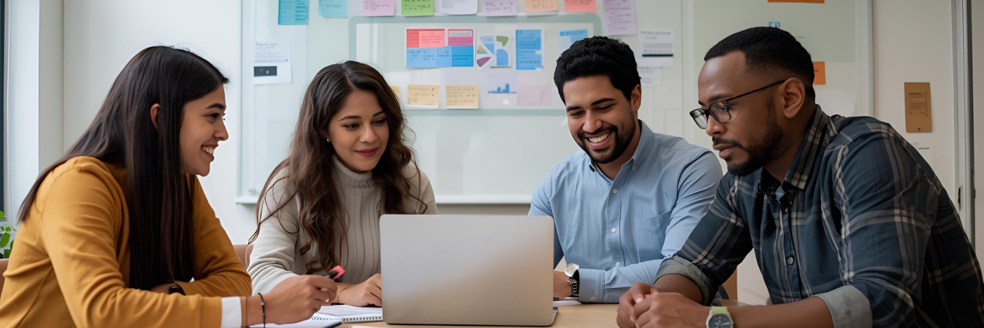 Image of people sat round looking at a laptop