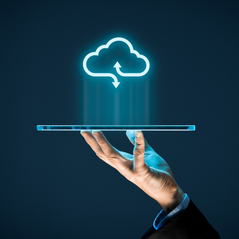 image of work being transferred up to a cloud and back to a device