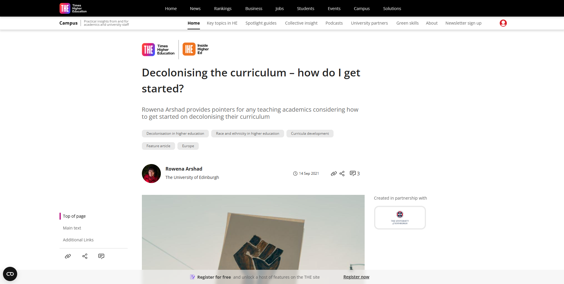 Decolonising the curriculum – how do I get started - Times Higher Education Screenshot of webpage 'Decolonising the curriculum – how do I get started?' by Times Higher Education