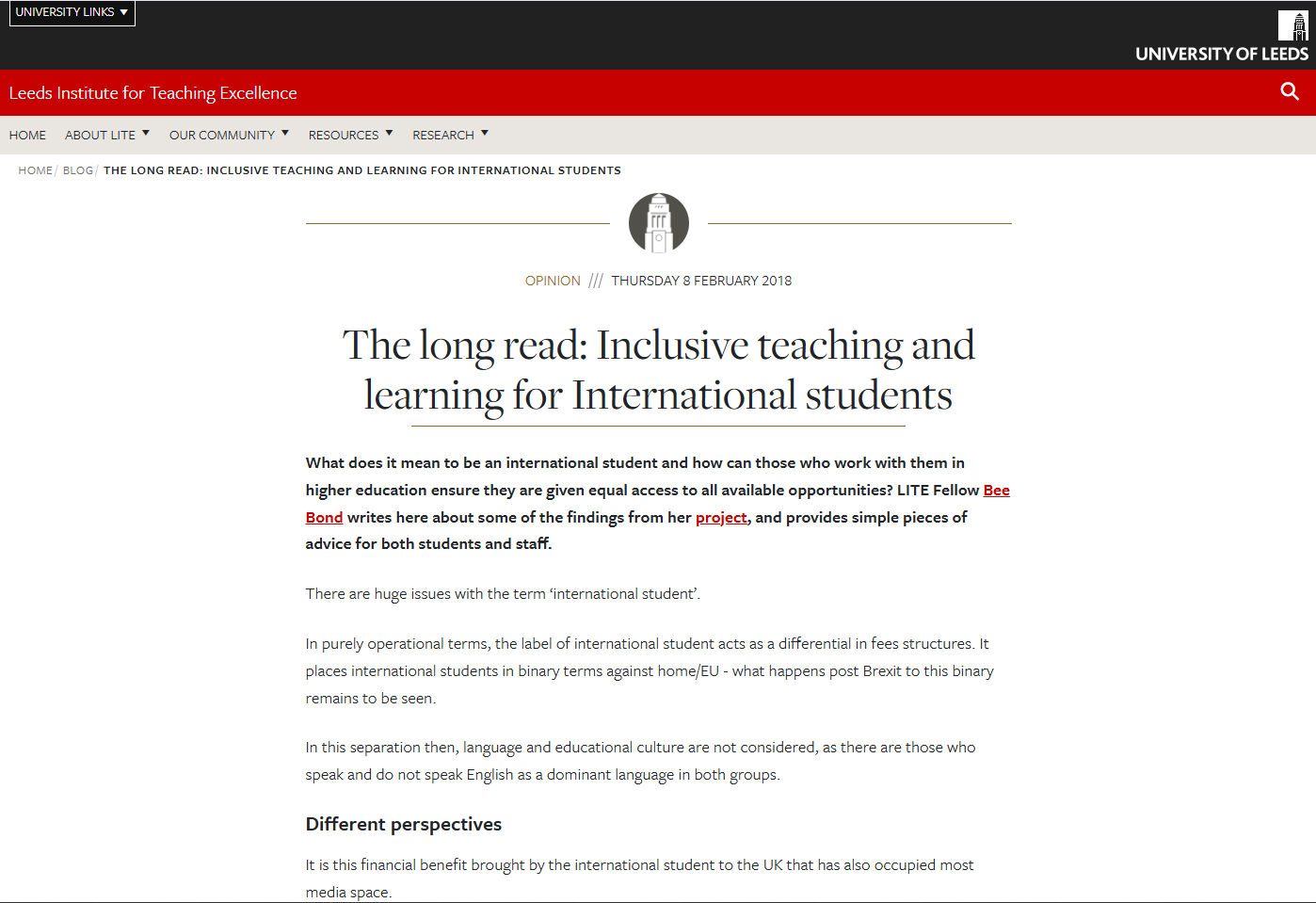 Inclusive teaching and learning for International Students - University of Leeds screenshot of webpage 'Inclusive teaching and learning for International Students' by University of Leeds