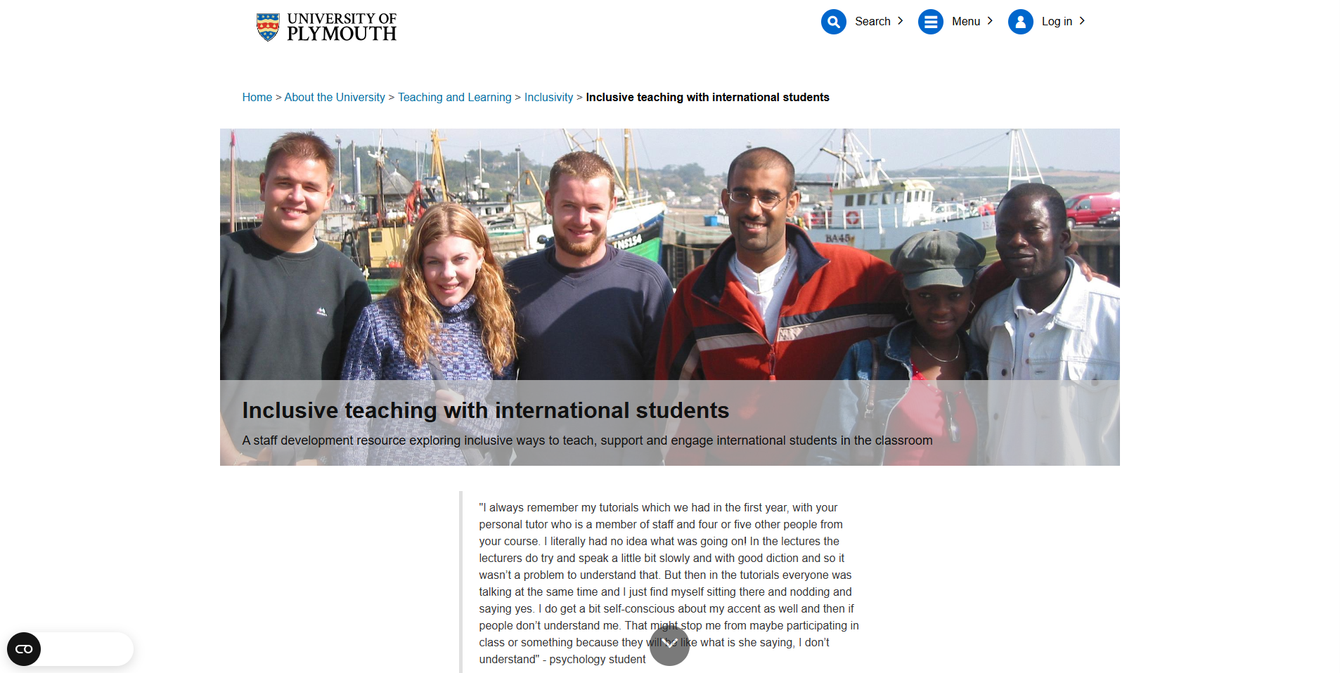 Inclusive teaching with international students - University of Plymouth screenshot of webpage 'Inclusive teaching with international students' - University of Plymouth
