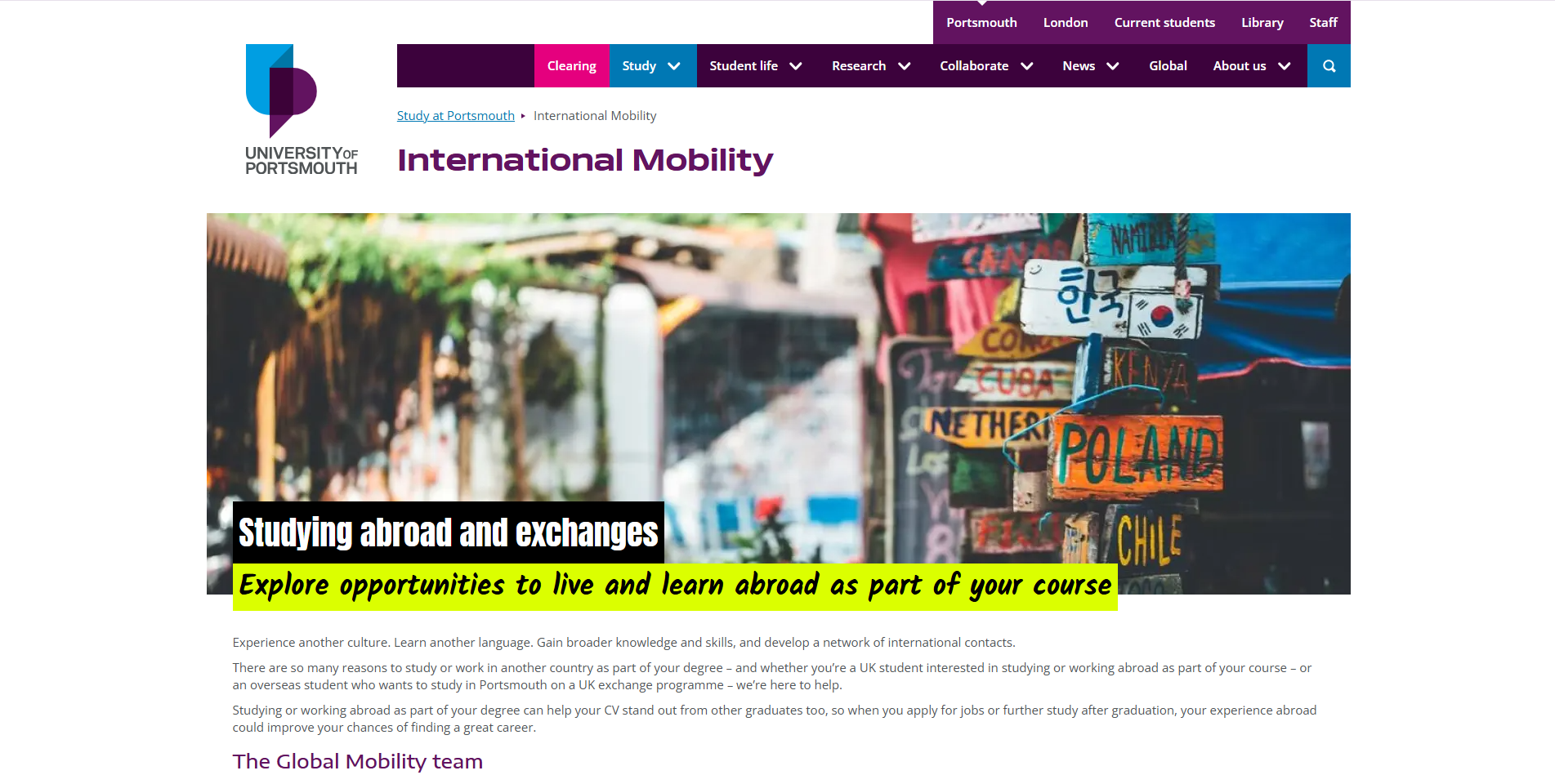 International Mobility - University of Portsmouth screenshot of webpage 'International Mobility' by University of Portsmouth