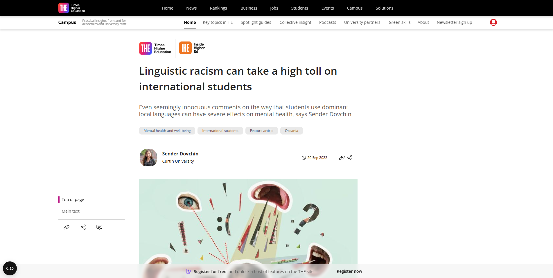 Linguistic racism can take a high toll on international students - Times Higher Education Screenshot of webpage 'Linguistic racism can take a high toll on international students' by Times Higher Education