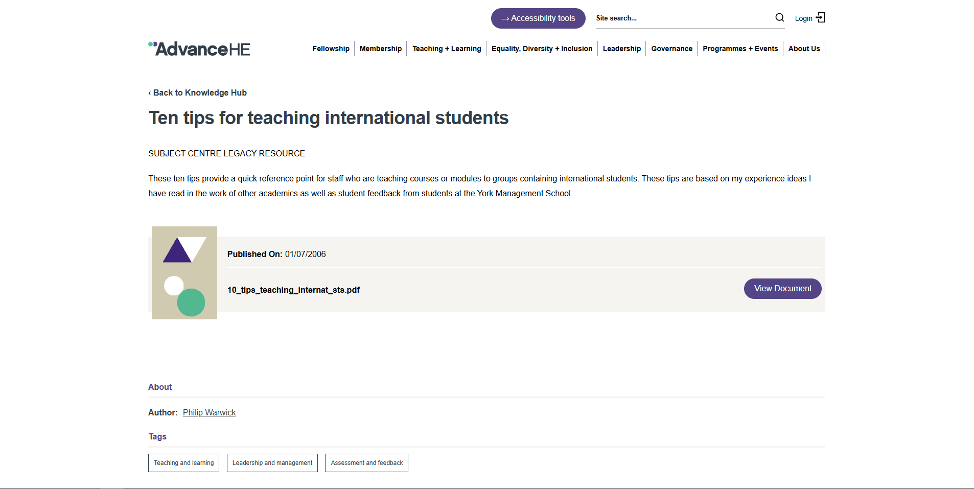 Ten tips for teaching international students - Advance HE screenshot of webpage 'Ten tips for teaching international students' by Advance HE
