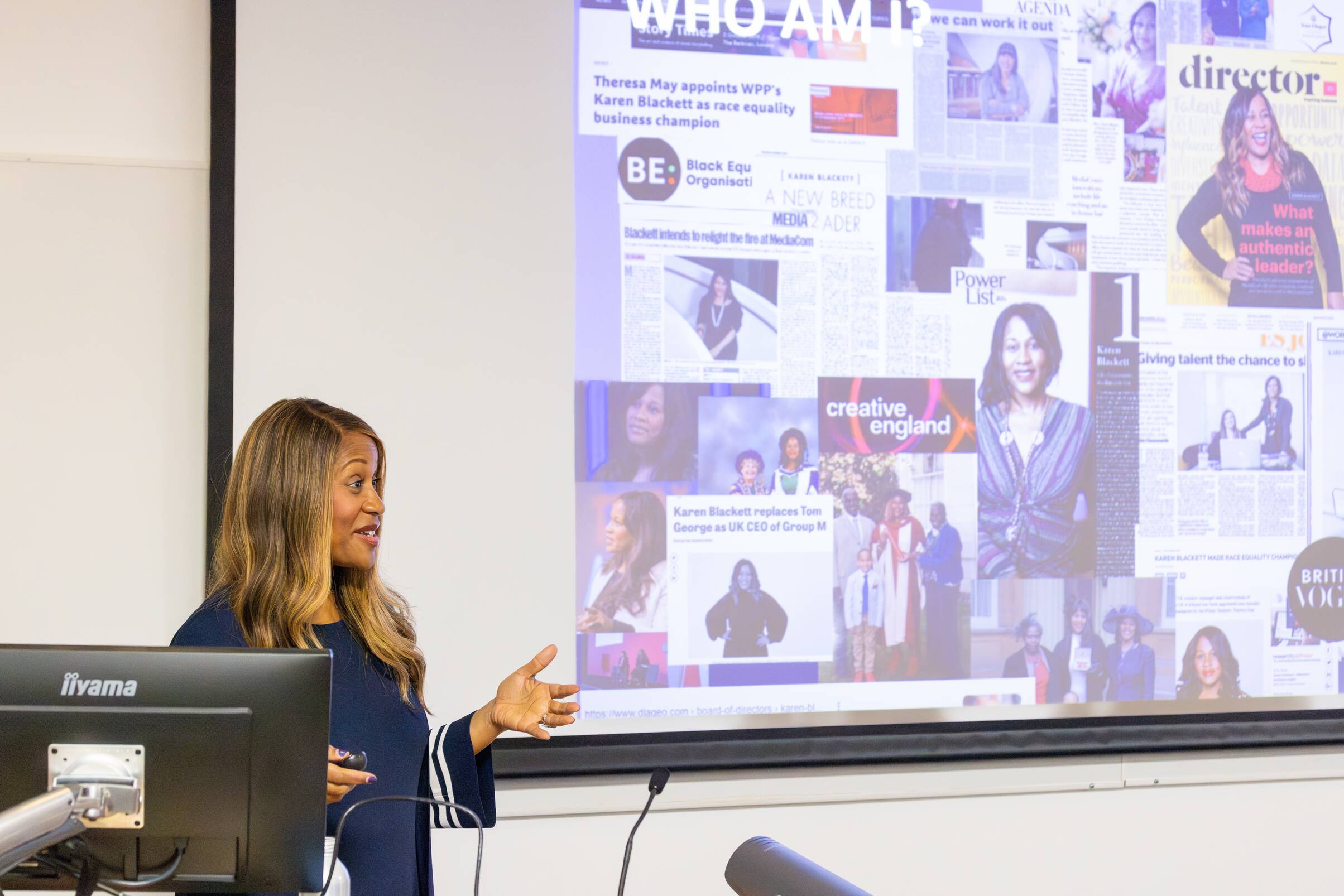 Image shows Karen Blackett, Chancellor of UoP giving a talk.