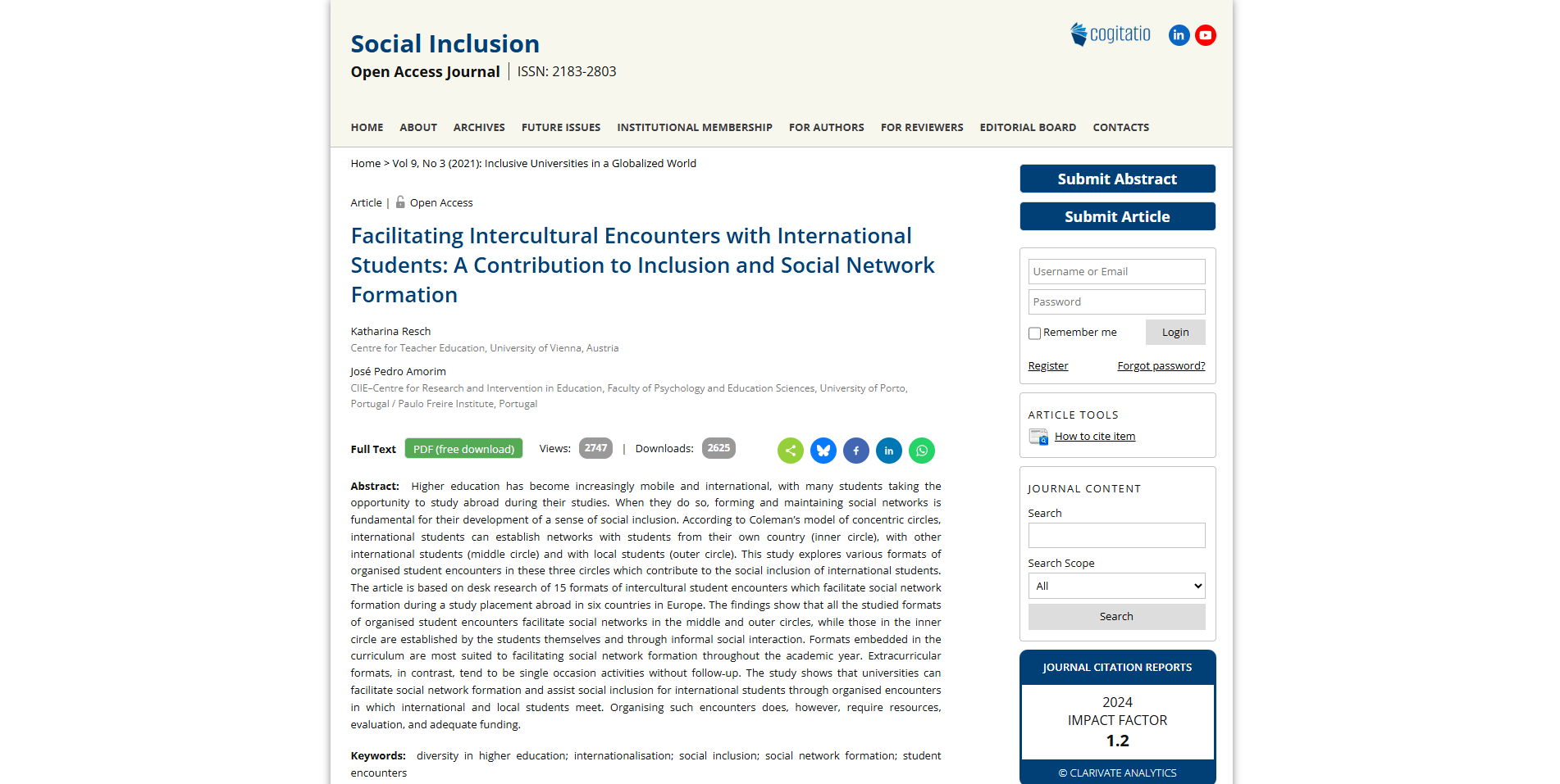 screenshot of page Facilitating Intercultural Encounters with International Students: A Contribution to Inclusion and Social Network Formation open access journal