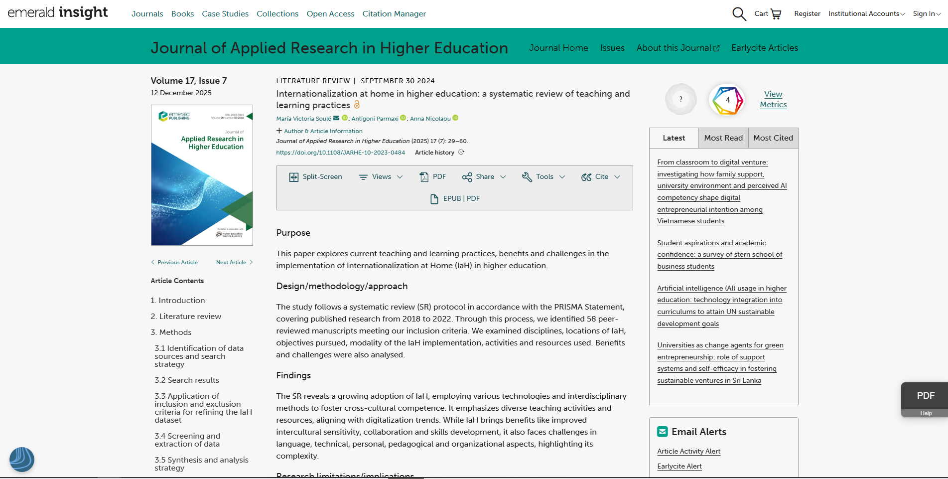 Internationalization at home in higher education: a systematic review of teaching and learning practices screenshot of web page "Journal of Applied Research in Higher Education" Literature Review