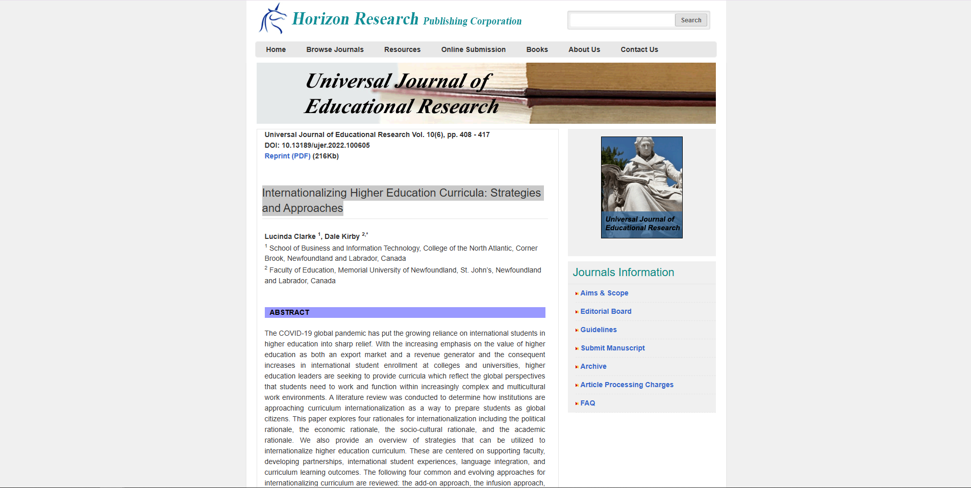 Internationalizing Higher Education Curricula: Strategies and Approaches screenshot of page "Universal Journal of Educational Research : Internationalizing Higher Education Curricula: Strategies and Approaches"