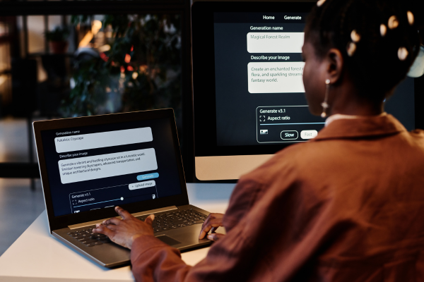 image of woman using ai on two computers