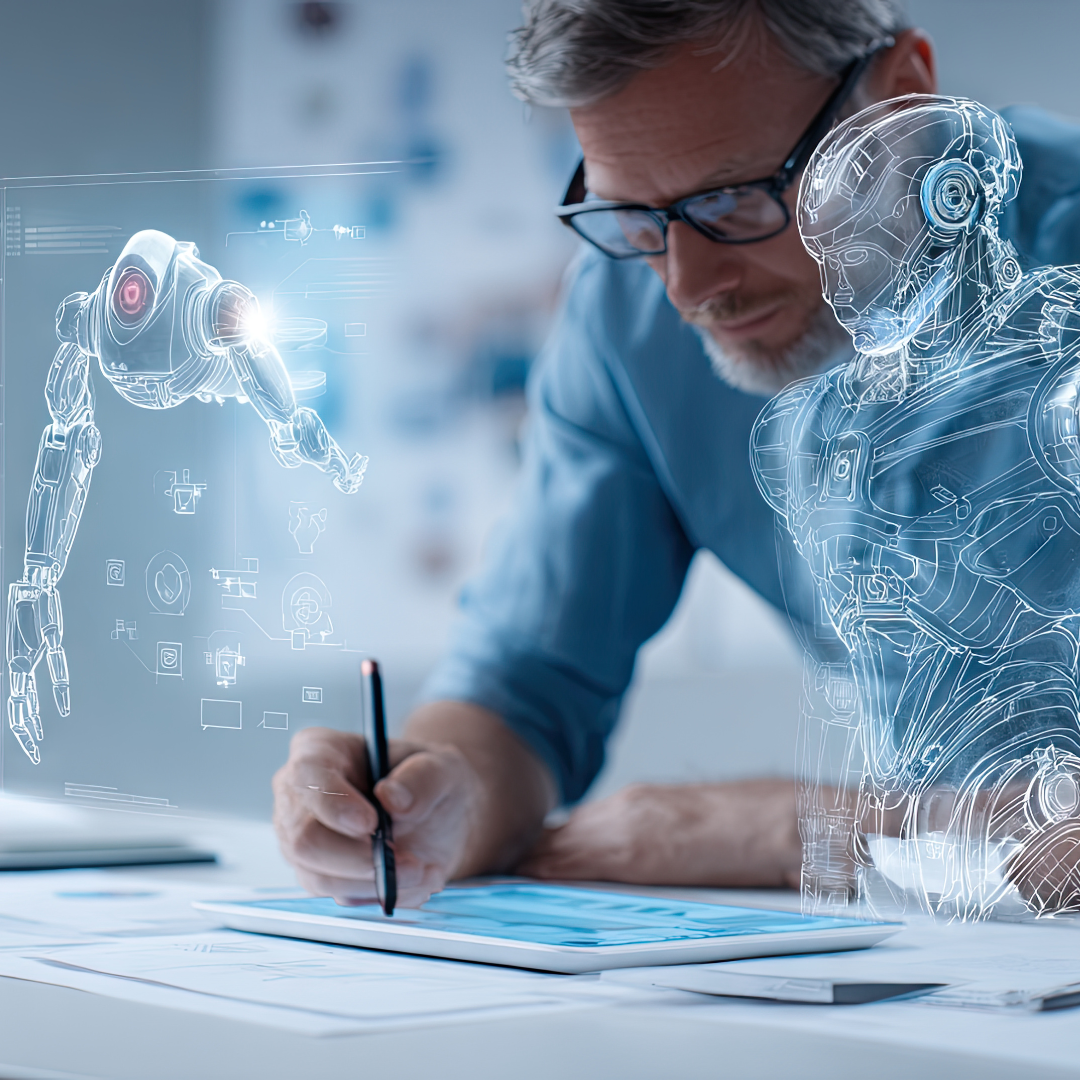 Image of man on his tablet surrounded by robots representing AI