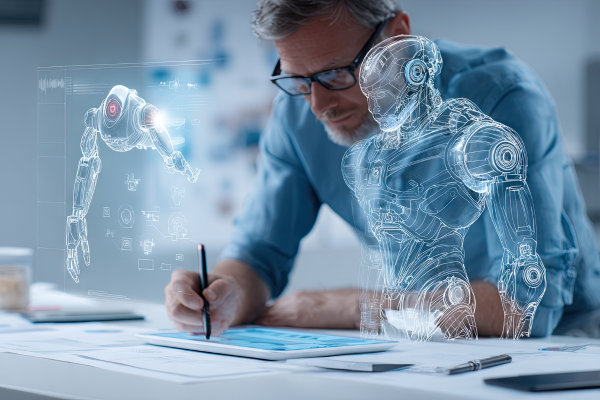 Image of man on his tablet surrounded by robots representing AI