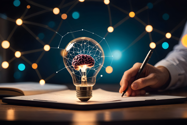 Image of lightbulb with a brain in the centre on top of a paper that an academic is writing