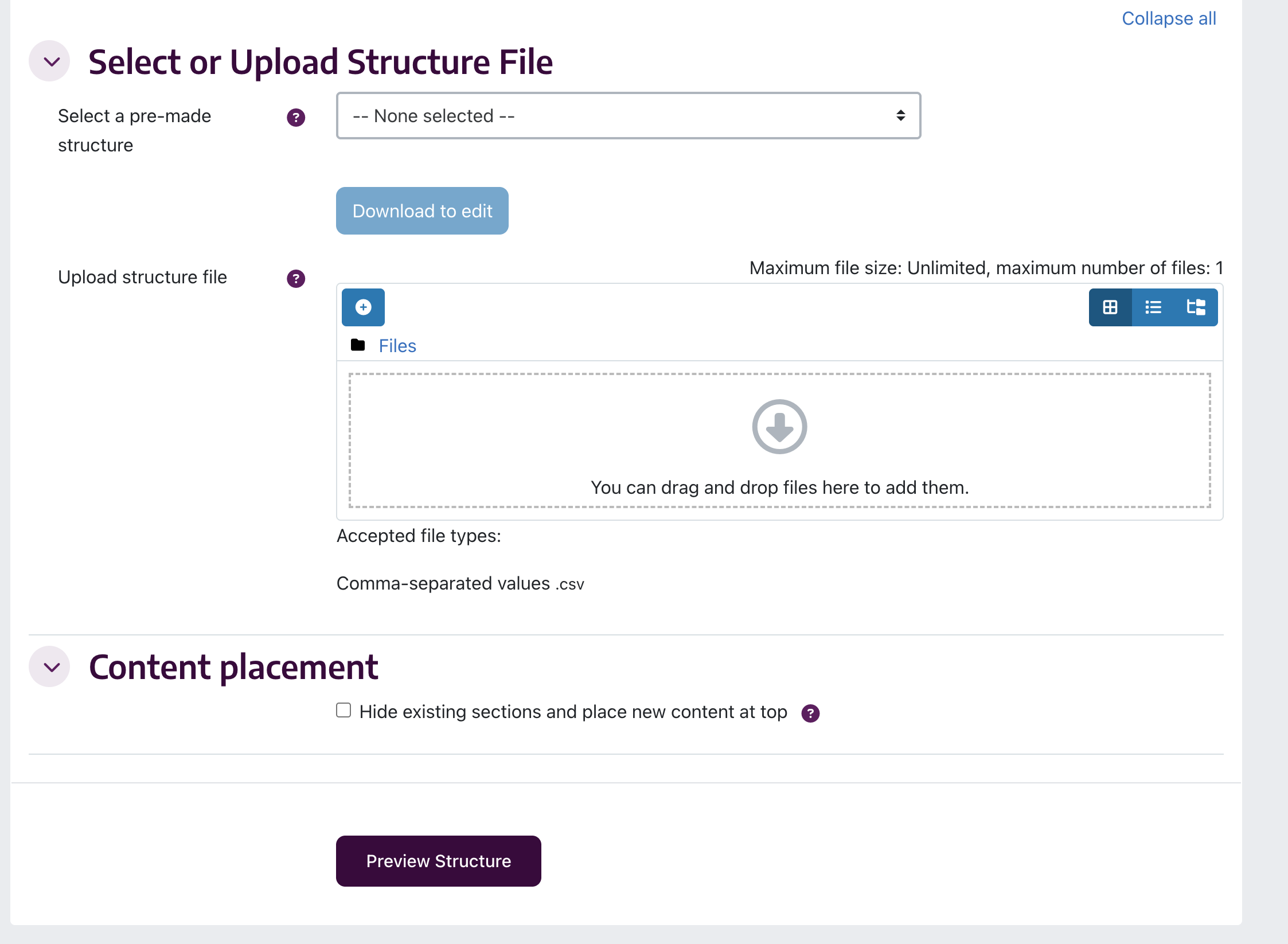 The file upload form for the Moodle assistant file generator