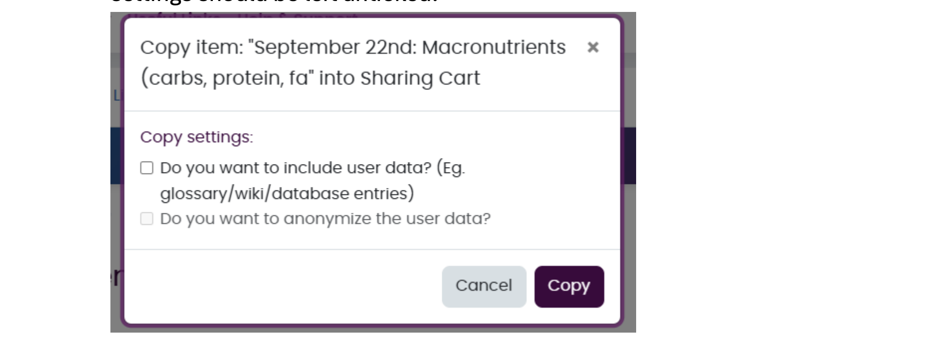 Sharing Cart Copy Dialog