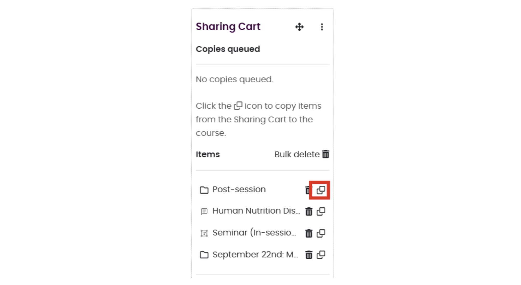 Select Item to copy from the Sharing Cart Interface