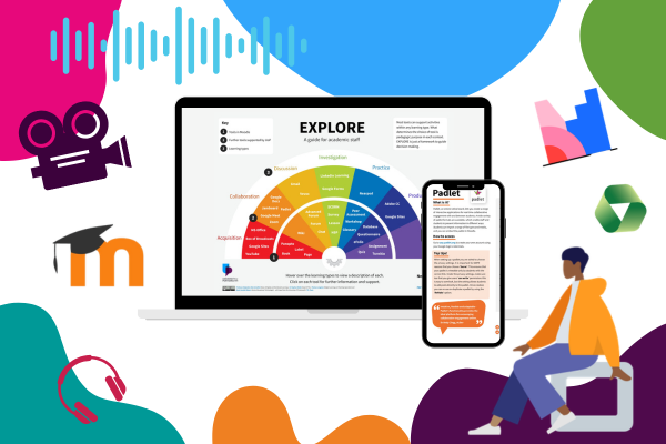 colourful image representing uop colours, centre image of explore tool
