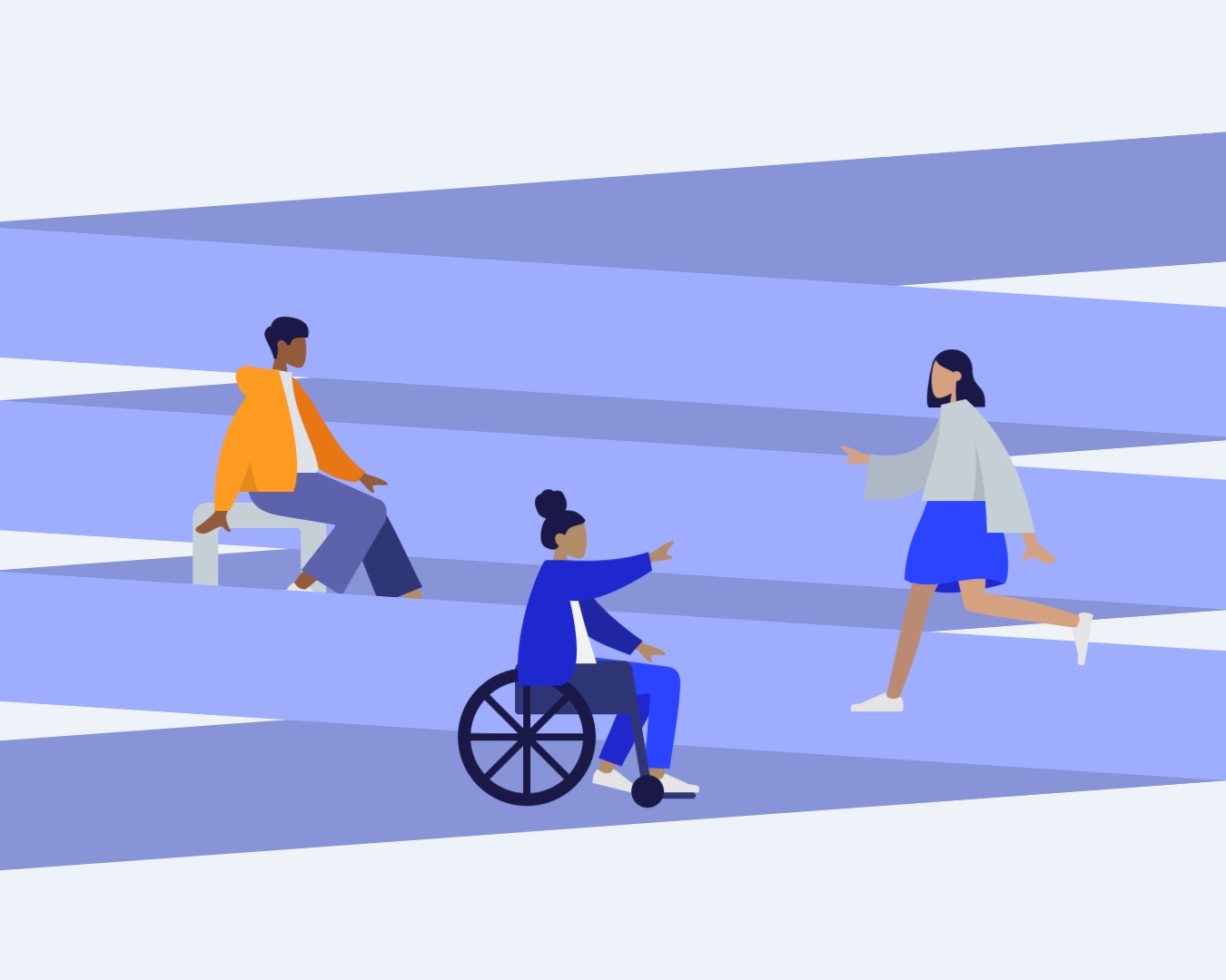 Three illustrated representations of people on a stylised purple ribbon background