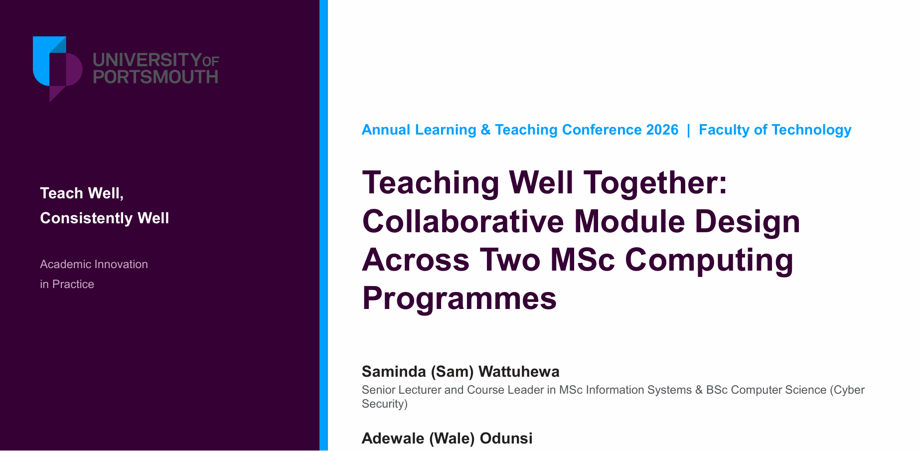 Screen grab of Teaching Well Together: Collaborative Module Design Across Two MSc Computing Programmes presentation