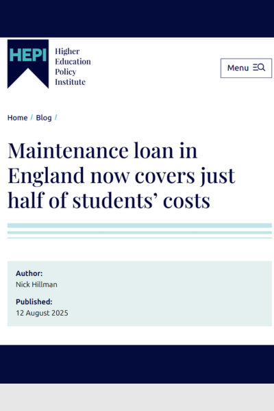 Screengrab of Maintenance loan in England now covers just half of students’ costs HEPI article