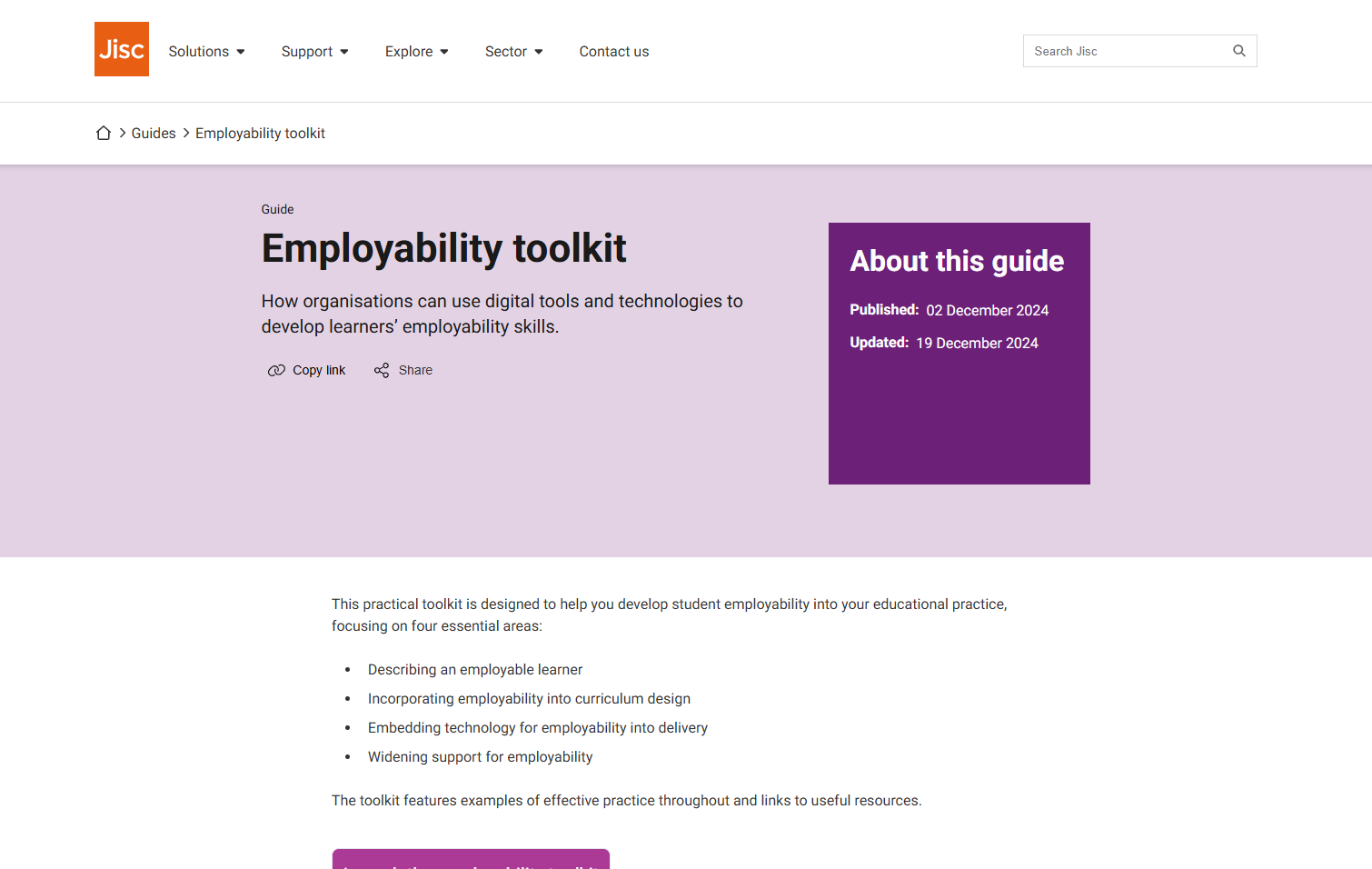 Screenshot of Jisc Employability Toolkit page