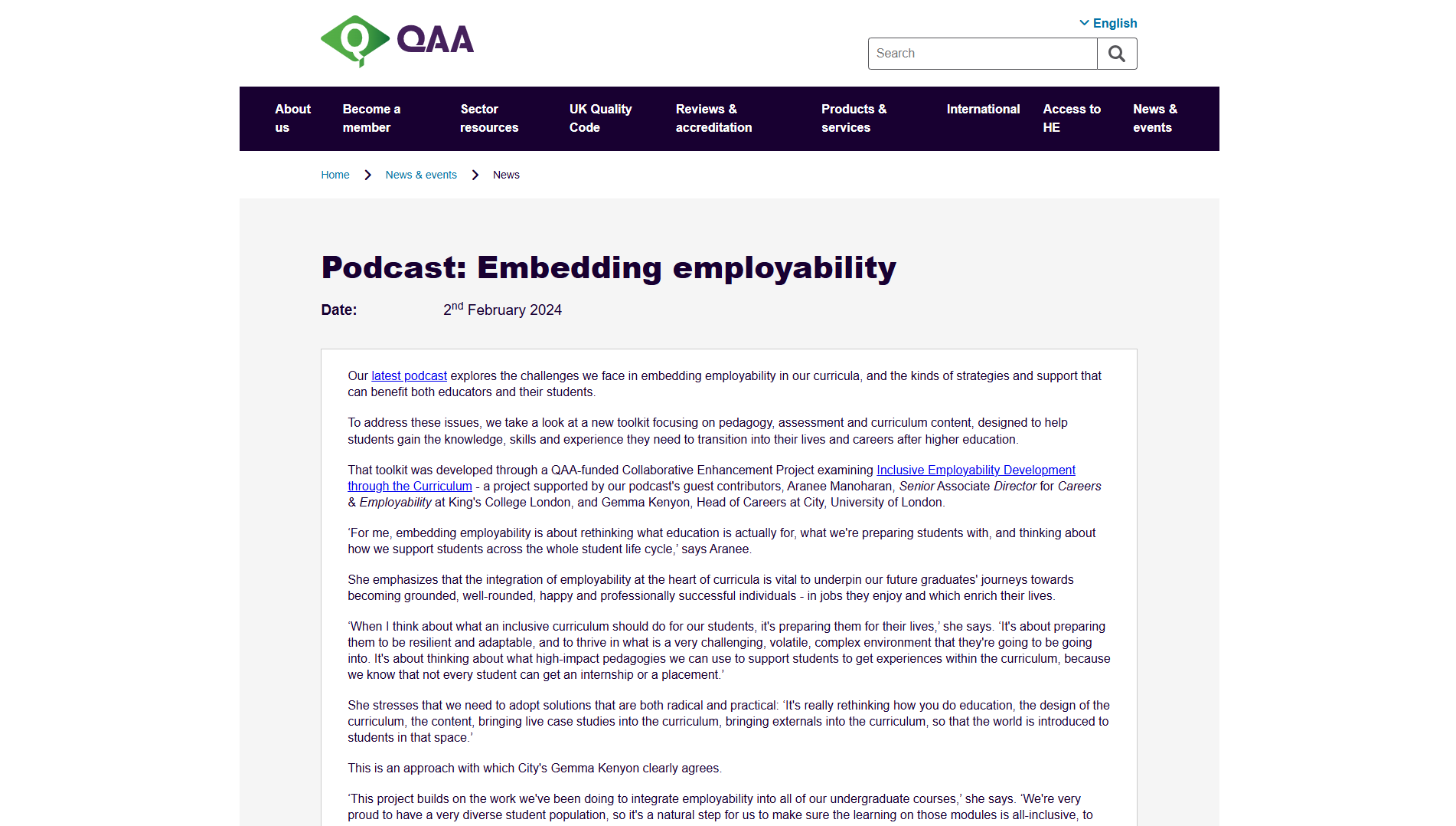 Screenshot of QAA Podcast: Embedding Employability web page