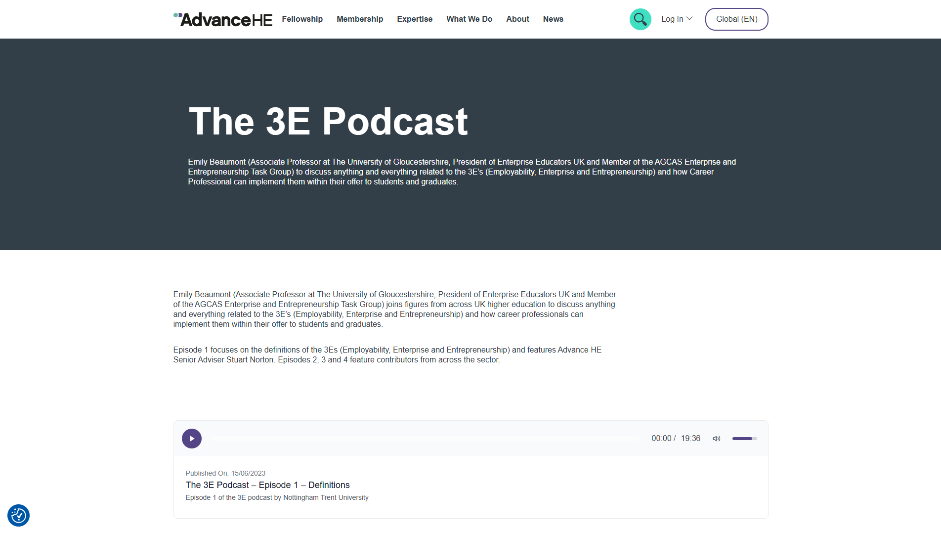 screenshot of AdvanceHE The 3E Podcast webpage
