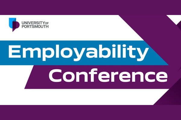 Wording Employability Conference in University of Portsmouth colours, with a small UoP logo to the top left