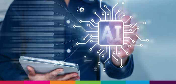 Image of person holding a tablet with wording AI