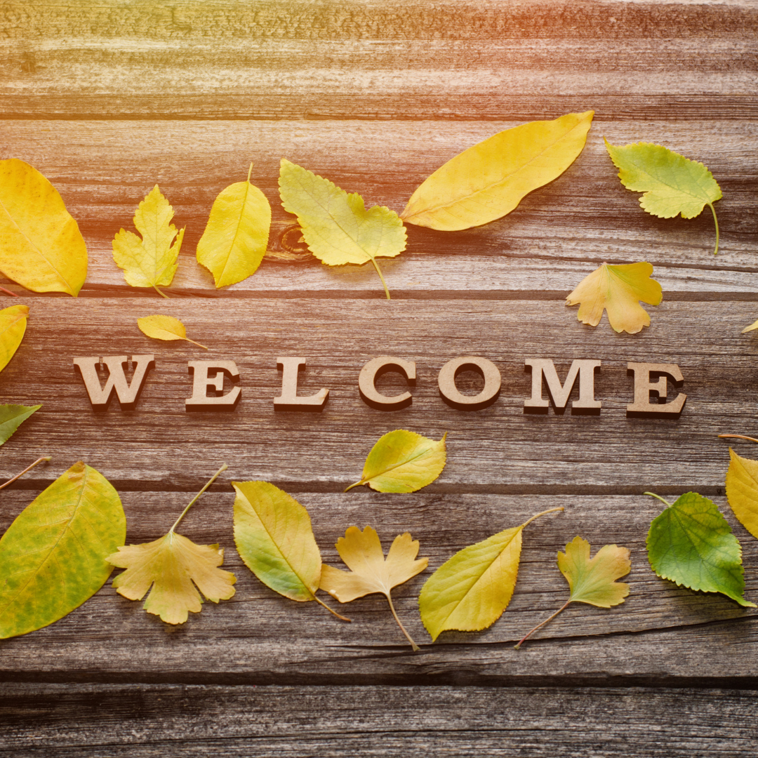 Word 'Welcome' on wooden backgroun with autumnal leaves around the word