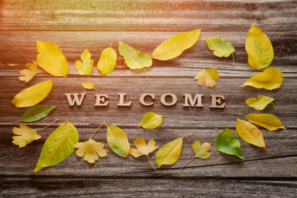 word 'welcome' on a wood background surrounded by autumn leaves