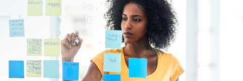 Women writing on post it notes on a board