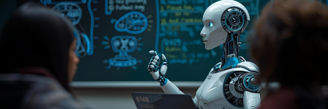 Image of robot teaching students in a classroom setting